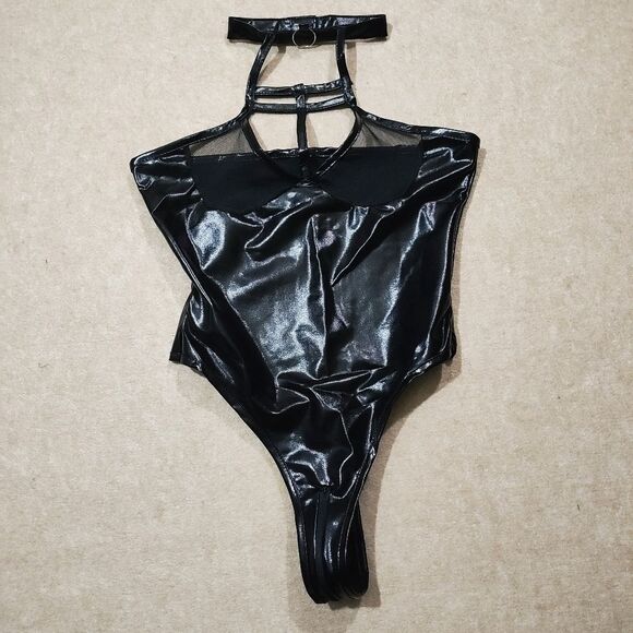 BDSM Women's Black Faux Leather Black Halter Mesh Lingerie Bodysuit #4 - Picture 6 of 9